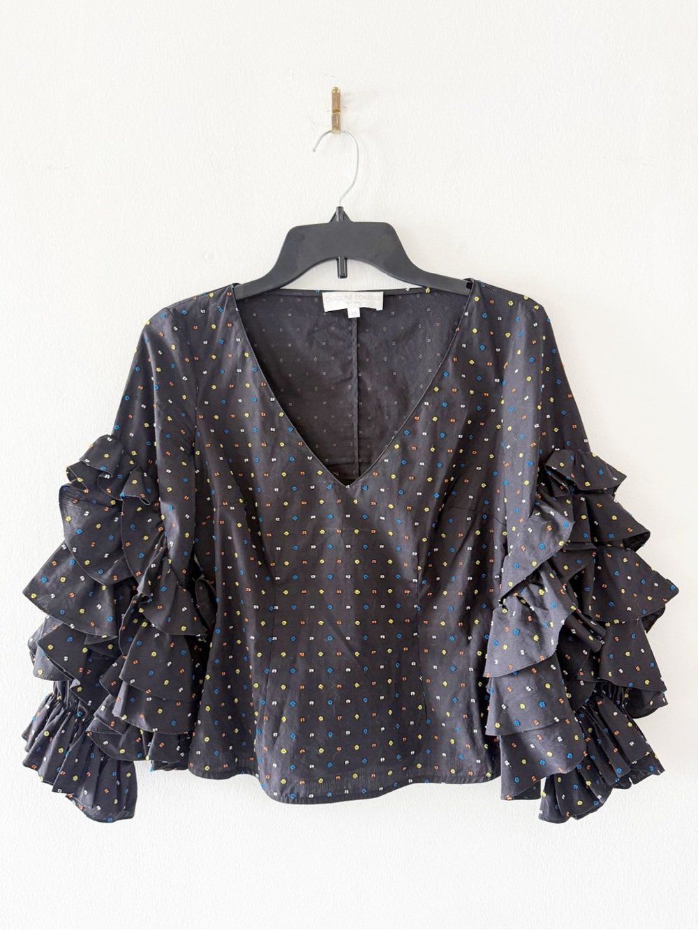 Caroline Constas Black Tiered Ruffle Sleeve Embroidered Dot Blouse Size XS